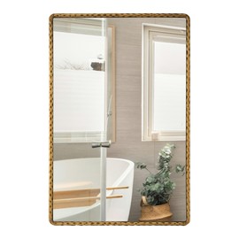 CAVINHOME Rectangle Bathroom Mirror with Rounded Corner-Antique Gold Finish Hammered Metal Frame Large Wall Mirrors Decorative,Ornate Mirrors for Wall,Hangs Horizontally or Vertically, 24x36 Inches