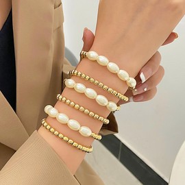 ZZ ZINFANDEL Gold Pearl Beaded Enewton Bracelets for Women,Gold Pearl Stackable Stretch Bead Ball Bracelet,Adjustable Layered Pearl Bracelet Sets (6PCS)