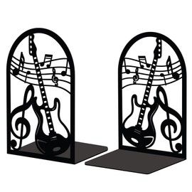 Peacoblue Metal Bookend Stopper Holder Stand for Shelves Decorative, 13.5x11x20 Modern Creative Heavy Duty Study Book End for Desk Shelf, 1 Pair (Guitar and Music Note)