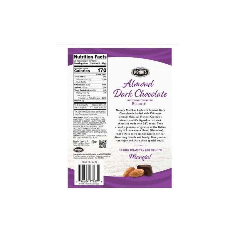 Nonni's Almond Dark Chocolate Biscotti: 25 Count, 2lb,1.25 oz (943