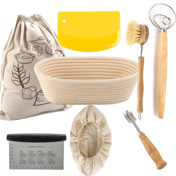 10 Inch Oval Rattan Banneton Bread Proofing Basket Set w/Linen