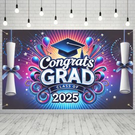 BlissYard Graduation Banner Graduation Backdrop Congrats Grad Banner 71x43 Inches Class of 2025 Congrats Grad with Graduation Cap Scroll Colorful Celebration Banner for Graduation Parties and Events