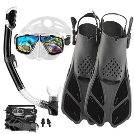 DiVLMT Snorkeling Gear for Adults with Fins Scuba Diving Gear Adult Prodessional Travel Snorkel Sets with Flippers,Anti-Fog Anti-Leak Diving Mask (Black, US Men 4-8.5 | US Lady 6-9.5)