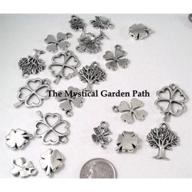 Platinum Charm, 20 Antiqued Silver Finished Pewter Clover Shamrock & Tree Charm Bead MIX