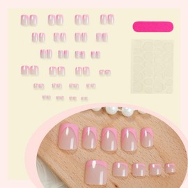 48Pcs Pink French Tips Press on Toenails Nude Pink Press on Nails Short Square False Nails with Designs Light pink Fake Toenails Glossy Reusable Summer Fake Nails for Women Girls DIY Manicure