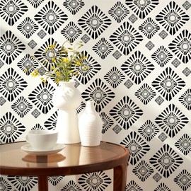 Vintage Geometric Boho Wall Stickers - Modern Art Mid Century Retro Wall Decals - Black Pattern for Bedroom Living Room Decor