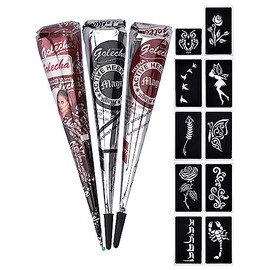 eLander 3 x Henna Temporary Tattoo Natural Tattoo + 10 x Henna Tattoo Stencil, Temporary Mehndi Tattoos, Natural Cones, Tattoo Stickers, Temporary Tattoo (Black, Brown, Red Brown)