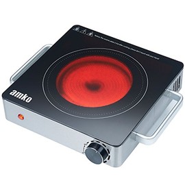 Amko AK-IR15 Stainless Steel Single-Burner Portable Ceramic Infrared Cooktop, Black and Silver