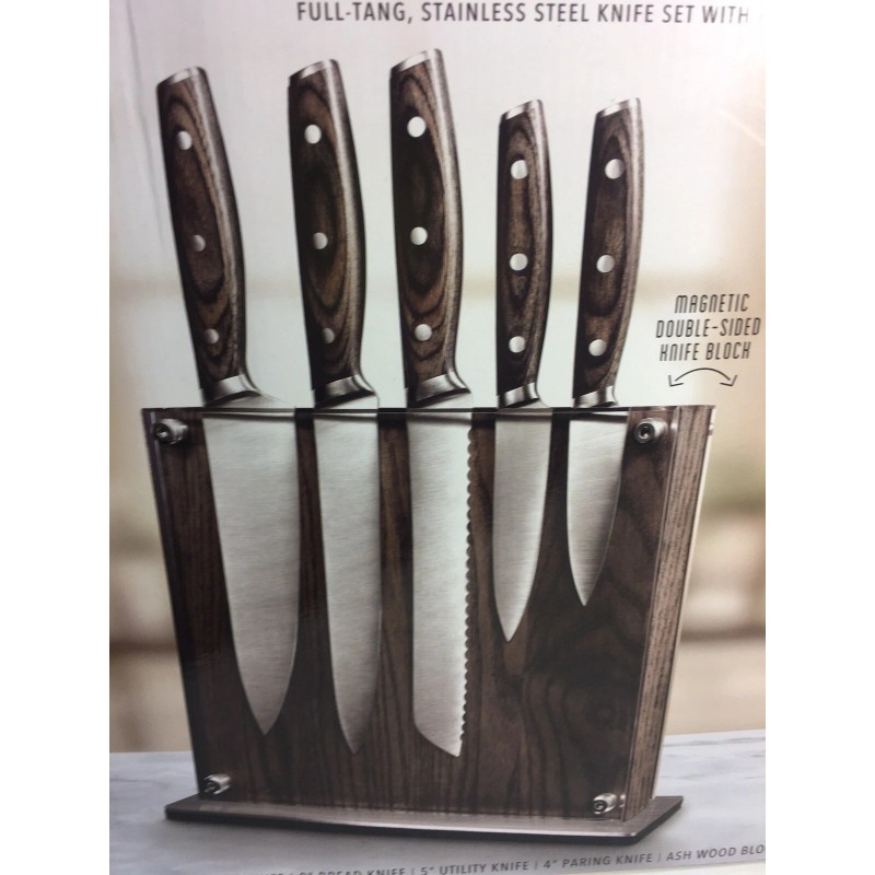 Art+Cook, 6-Piece Ash Wood Magnetic Stainless Steel Kitchen Knife Block