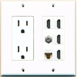 Wallplate City DecorZ - [ 2 GANG ] 15A Power Outlet 4 HD Coax CAT6 White Wall Plate White