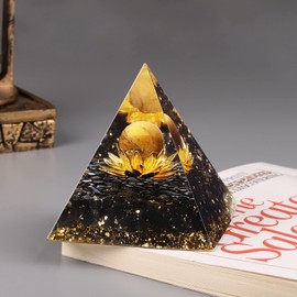Cheungshing Tiger’s Eye Stone Sphere Orgone Pyramid with Golden Lotus and Black Obsidian Stones Energy Natural Generator for Meditation Healing Chakra Home Decoration