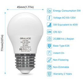 ORALUCE A15 Light Bulbs 40 Watt Cool White 6500K, Small LED Light Bulb 5 Watt, G45 E26 Medium Base Lightbulb 450 Lumen for Appliance,Non-Dimmable,12 Pack