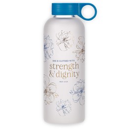 Christian Art Gifts Inspirational BPA-Free Reusable Frosted Glass Water Bottle for Women: Strength & Dignity Encouraging Bible Verse, Easy Carry Handle Loop, Twist Cap Lid, Blue & Gold Floral, 17 oz.