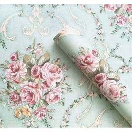 Vintage Floral Self Adhesive Wall Paper Shelf Liner Funitures Dresser Drawer Cabinet Decor Paper (Green, 17.7inchX196inch(16.4Ft))