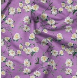 Soimoi Purple Moss Georgette Fabric Leaves & Magnolia Floral Decor Fabric Printed metre 42 Inch Wide