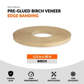 Birch Veneer Edge Banding 1/2 inch x 50 ft Pre Glued Wood Adhesive Edging Trim Tape Iron On Flexible Strips Roll Furniture Laminate Glue Plywood Sheets Strips Sheet Band Formica Glue Bendable
