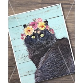 Handmade 8x10 Cotton Canvas Black Long Haired Cat Print Wall Hanging