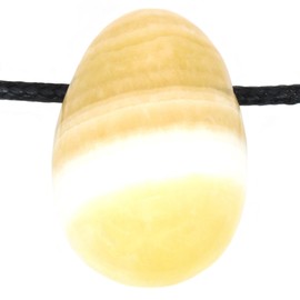 Echter Gelbe Jade Tropfenanhänger mit gewachstem Baumwollband - Gebohrter Trommelstein - Drehverschluss aus Edelstahl (Gelbe Jade (gestreift), 55)