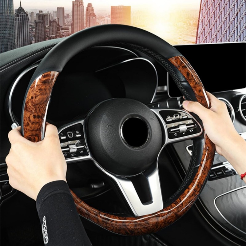 BANLIE Wood Grain Steering Wheel Cover Microfiber Leather Breathable Anti