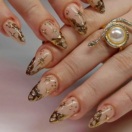 24Pcs Gold French Tip Press on Nails Short Almond Fake Nails 3D Gold Irregularity Chrome Acrylic Nails Star Moon False Nails French Nails Tip Glue on Nails Nude Stick on Artificial Nails for Women