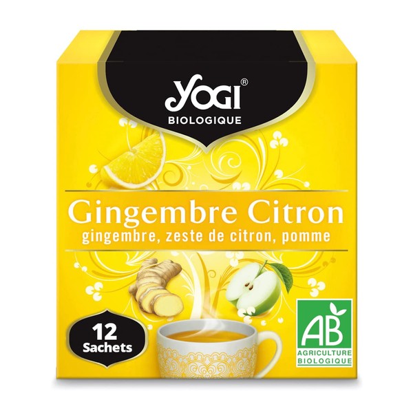 Yogi Organic Ginger Lemon, 100% Organic Ginger Infusion, Lemon Zest and Apple, 12 heat-sealed and staple-free sachets.