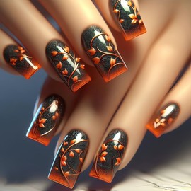 24 Pcs Black Ombre Press on Nails Medium Square - YEFIUO Bling Fake Nails Press ons French Nail Art Tips Full Cover Acrylic False Nails Glue on Nails Kit with Glossy Stretch Branch Design for Women