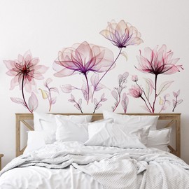 Zonon 6 Pcs Flowers Wall Decals Stickers Vinyl Removable Peel and Stick Colorful Dragonflies Floral Wall Murals Decor for Bedroom Living Room Nursery(Pink Flower)