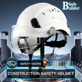 SAFEBUILDER Safety Helmet Hard Hat with Visor Clear & Tinted Adjustable Vented ABS Work Helmet 6-Point Suspension ANSI Z89.1 Approved for Industrial (White Hat with Tinted & Clear Visor)