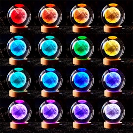 3D Moon Crystal Ball Lamp,3.15 inch Crystal Ball Night Light with Wooden Base,16 Colors Changing Light,Dimmable Remote Control,Desk lamp (F)