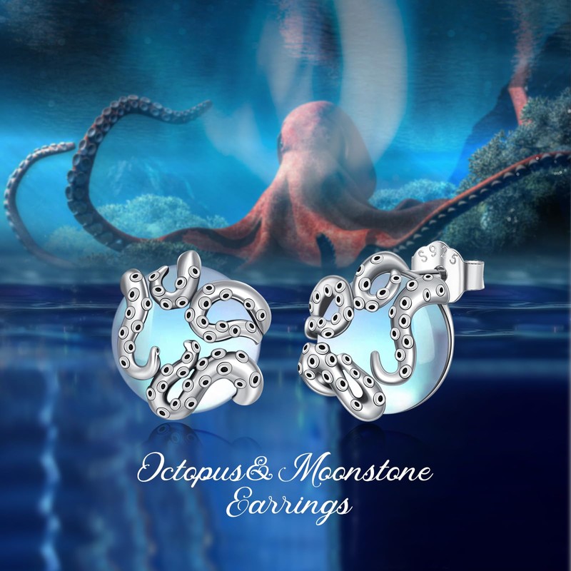 Octopus Earrings for Women, 925 Sterling Silver Moonstone Stud Earrings,