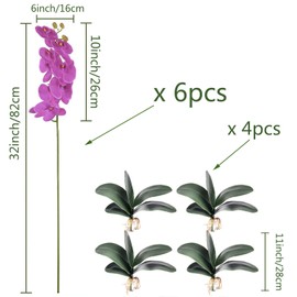 FagusHome 6 Pcs Artificial Phalaenopsis Flowers with 4 Bundles Leaves Artificial Orchid Flowers Stem Plants for Home Décor (Purple)
