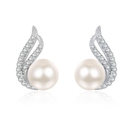 KINGWHYTE Half Spiral Pearl Earrings 925 Sterling Silver 6mm Pearl Stud Earrings for Women White Freshwater Pearls Earrings Pearl Jewellery Birthday Gifts