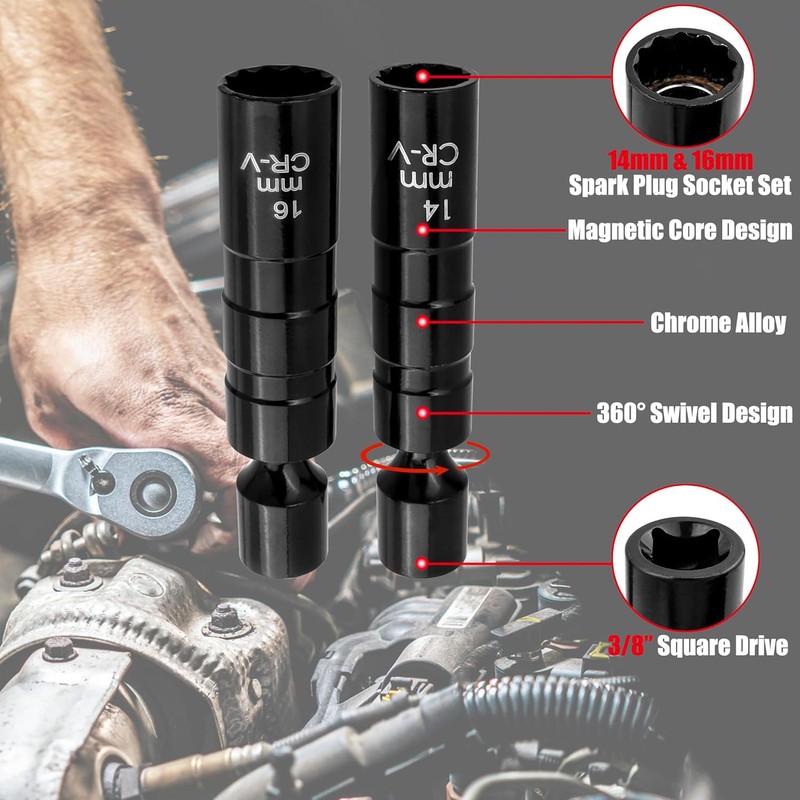 Yakamoz 2 Pieces Magnetic Spark Plug Socket Set, 14mm &