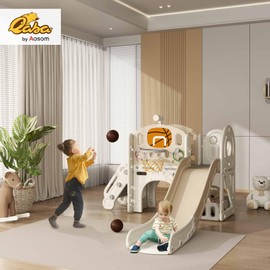 Qaba 7-in-1 Toddler Slide Playset, Kids Slide for Ages 1-6 Years with Ring Toss, Basketball Hoop, Telescope, Indoor Playground with Climber, Storage Space, Crawl Tunnel, Cream White