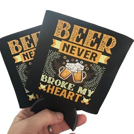 Beer Never Broke My Heart Can Cooler – Funny Beer Lover Gift, Insulated Drink Holder for Parties, Tailgating, BBQs, and Events – Durable Foam Beverage Cooler SET of TWO