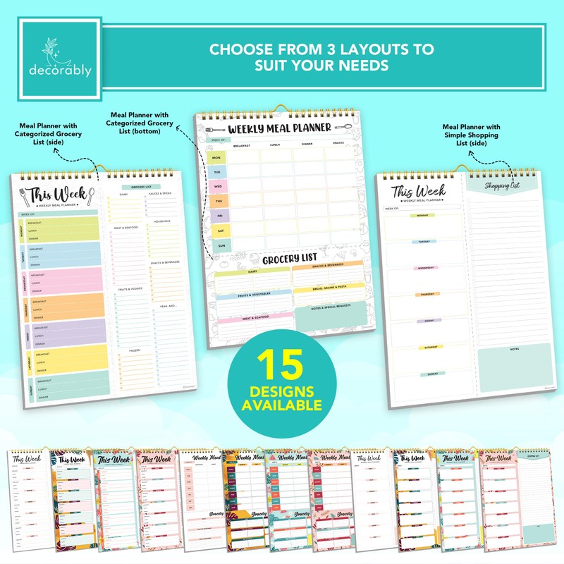 Decorably Meal Planner Pad with Shopping List Minimalist - 52