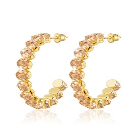 Linawe Champagne Chunky Gold Hoop Earrings for Women Trendy, Hypoallergenic Huggie Half Hoop Earrings, Thick Big Hoop Birthstone Earrings, Sparkly Rhinestone Citrine Crystal Hoops