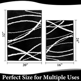 Tititex Luxury Black White Curve Line Bathroom Rug Set, 20x32 inch + 16x24 inch 2 pcs Extra Soft and Absorbent Microfiber Bath Rugs, Non-Slip Plush Shaggy Carpet, Mats for Floor, Tub and Shower