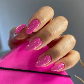 Hot Pink Press On Nails Short Oval,Xcreando Almond Fake Nails Glue on Nails Short,Natural Acrylic Nails Press ons,Gel Nails False Nails Short,Stick on Nails for Women and Girls in 24 PCS