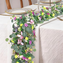 MEIVINES 2PCS Artificial Daisy Garland with 3D Butterfly 5.68FT Fake Wildflower Garland Spring Summer Flowers Garlands Greenery Eucalyptus Floral Vines for Home Table Mantle Wedding Backdrop Decor