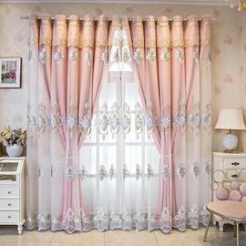 Amidoudou 1 Pair European Double Layer Curtains with Valances for Living Room Luxury Jacquard Curtains for Bedroom (Pink,54x90 Inch)