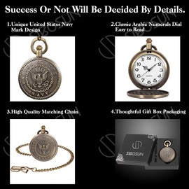 SIBOSUN Pocket Watch for US Navy, Steampunk Eagle Hawk Pattern Chain Box Full Hunter Case Quartz Arabic Numerals
