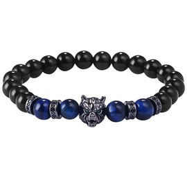 JewelryWe Black Onyx Stone Bracelet 8mm Beaded Links Wolf Head Bracelets for Men Women
