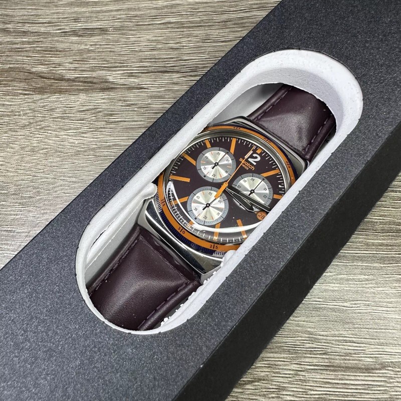 Swatch NEW✅ Swatch Irony PRISIONER Chronograph Dark Purple Leather Men's