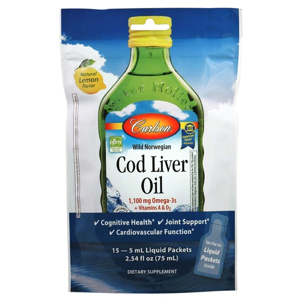 Carlson - Cod Liver Oil Grab + Go Packets, Travel Packs, Single-Serving, 1100 mg Omega-3s, Plus Vitamins A and D3, Norwegian, Wild Caught, Pouch of 15 Packets, 5 mL Each