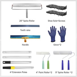 Self Leveling Cement Tool Kit, Epoxy Floor Kit, Spike Roller for Self Leveling Concrete, Floor Leveling Tools with Epoxy Roller, Epoxy Shoes Spikes, Stainless Steel Scraper, 4*Extension Rods
