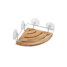 MSV 140609 Server Eck-Duschkorb mit Saugnäpfen Metall Chrom/Bambus 20 x 20 x 6,5 cm, Madera, 20x20x6,5cm