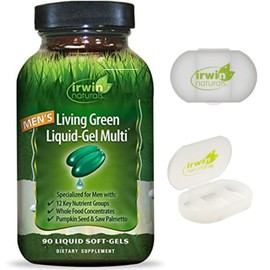 Irwin Naturals Men's Living Green Liquid-Gel Multi - 70 Essential Nutrients, Full-Spectrum Vitamins, Wholefood Blend - Targeted Adrenal & Brain Support - 90 Liquid Softgels with Pill Case