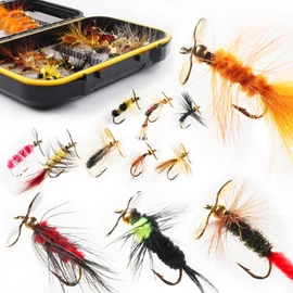 Kit surtido de moscas para pesca con mosca, Nyphms seco y húmedo, Tenkara Popper, serpentina lanosa para trucha, lubina, salmón, Steelhead con caja de moscas (kit de moscas de hélice, 42 piezas)