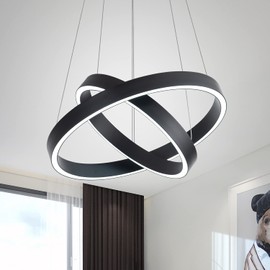 MADEM Room Decor Modern LED Pendant Light 2-Ring Circular Contemporary Chandelier Flush Mount Pendant Lighting for Living Dining Room Bedroom, 6000K Cool White, 36W, Black